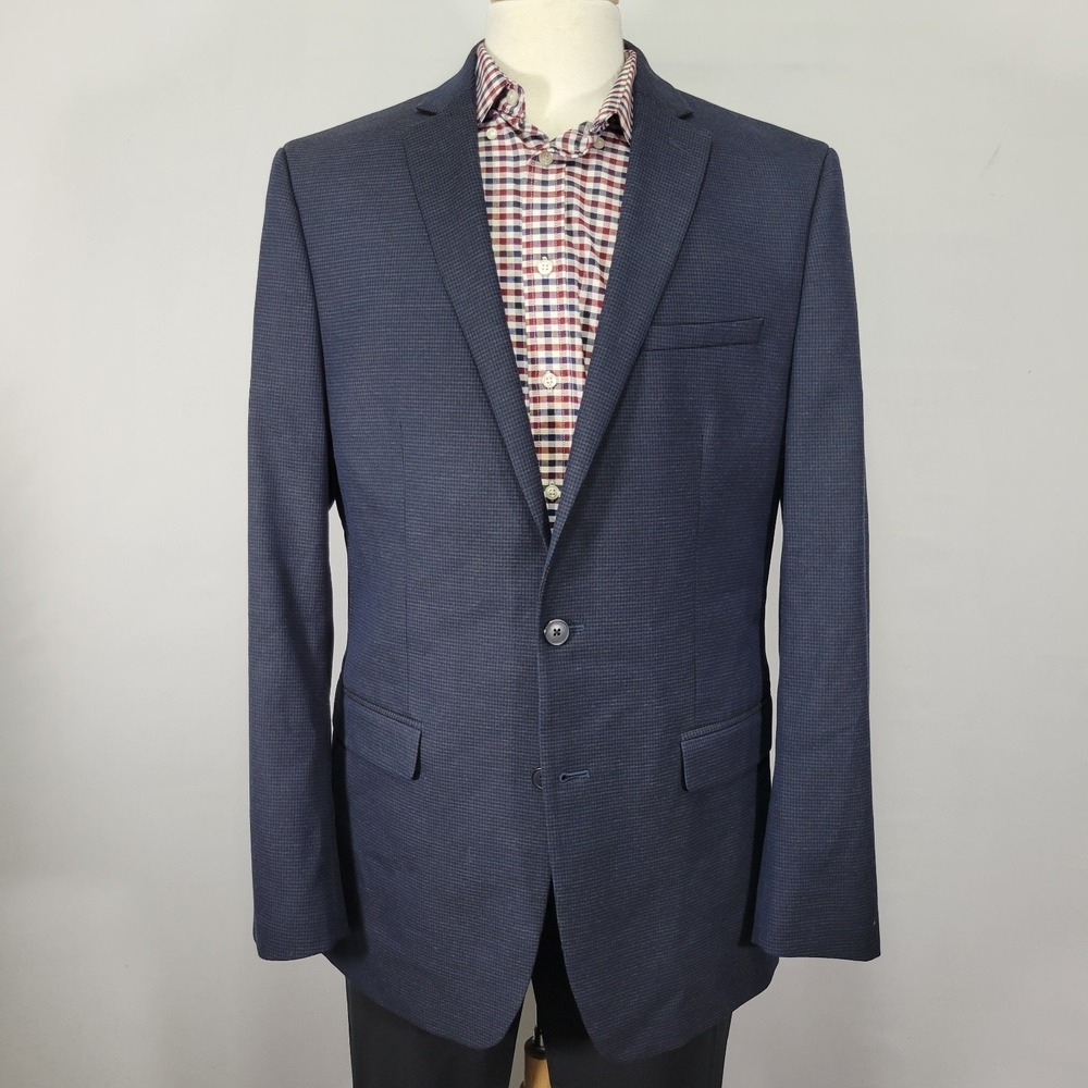 Van Heusen Flex Mens Sport Coat Blazer Two Button Navy Houndstooth Polyblend 44L